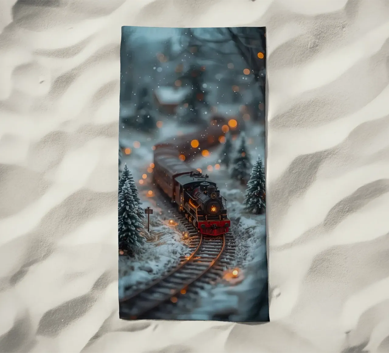 Train à vapeur miniature dans une forêt d'hiver avec des lumières bokeh serviette de plage de DesignDoodle