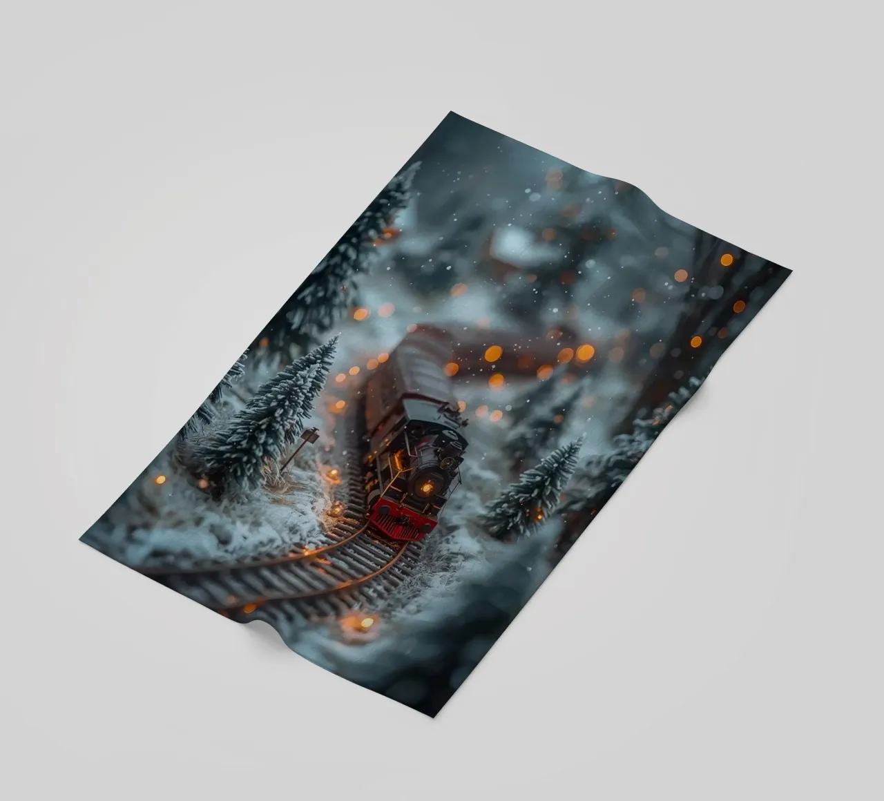 Train à vapeur miniature dans une forêt d'hiver avec des lumières bokeh serviette de plage de DesignDoodle