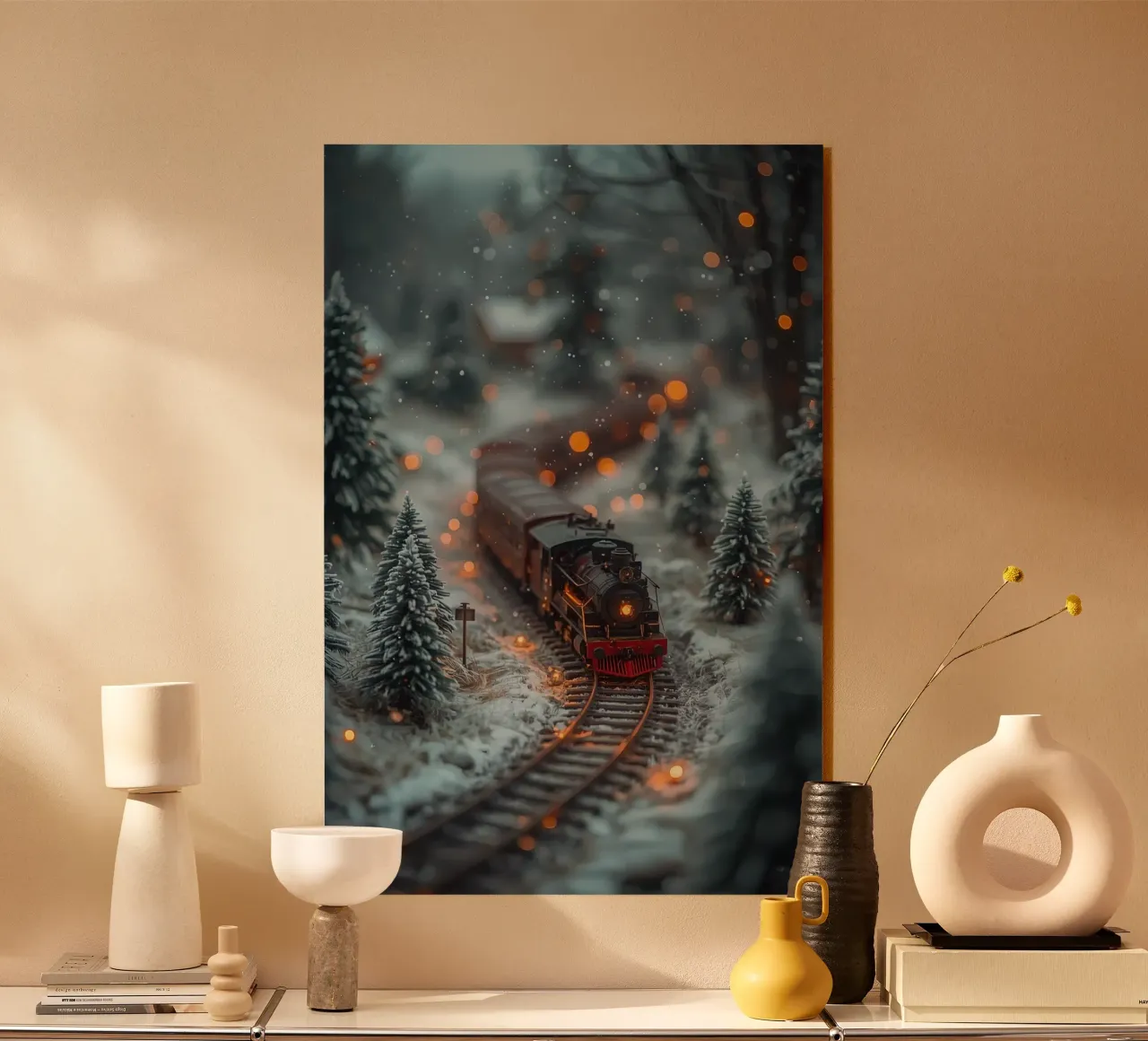 Train à vapeur miniature dans une forêt d'hiver avec des lumières bokeh plexiglas de DesignDoodle
