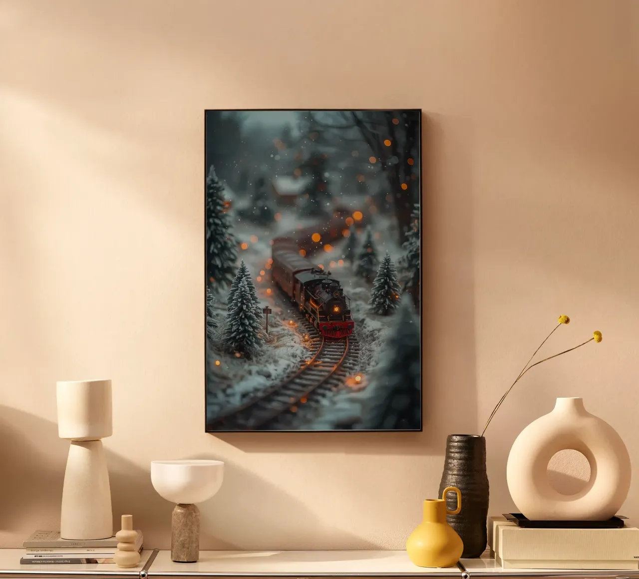 Train à vapeur miniature dans une forêt d'hiver avec des lumières bokeh alu dibond de DesignDoodle