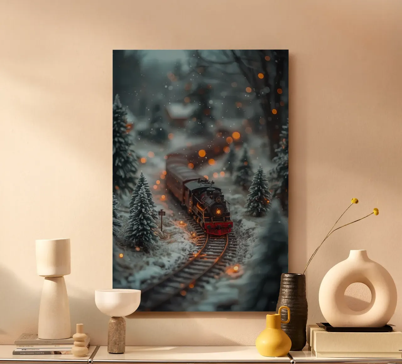 Train à vapeur miniature dans une forêt d'hiver avec des lumières bokeh alu dibond de DesignDoodle