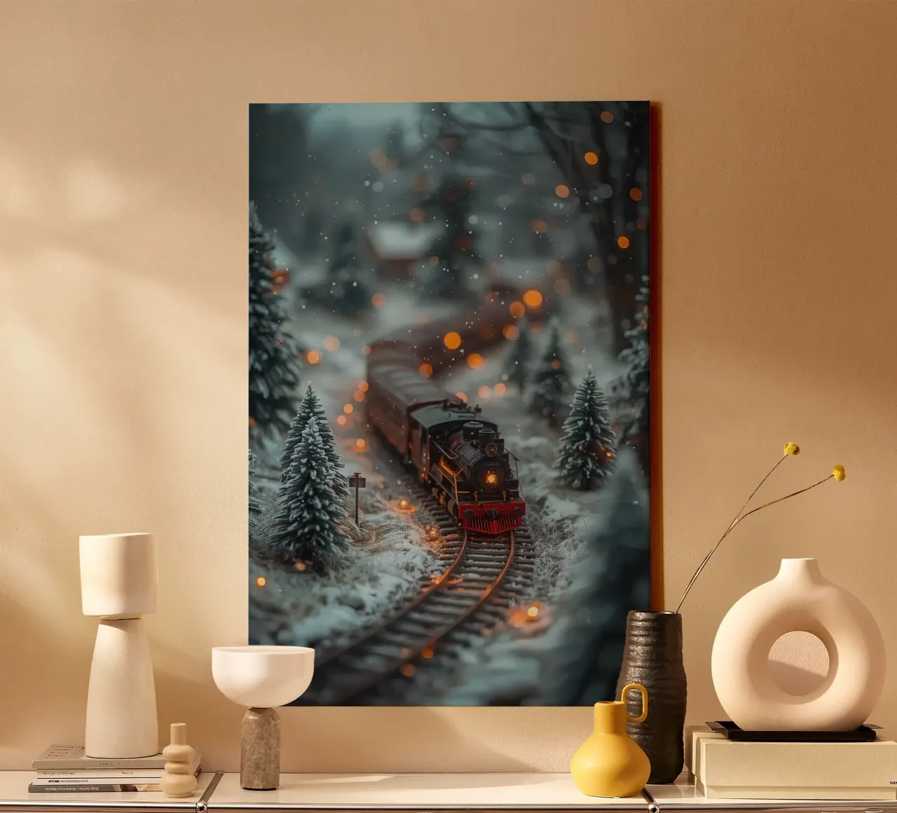 Model stoomtrein in winters bos met bokeh verlichting canvas van DesignDoodle
