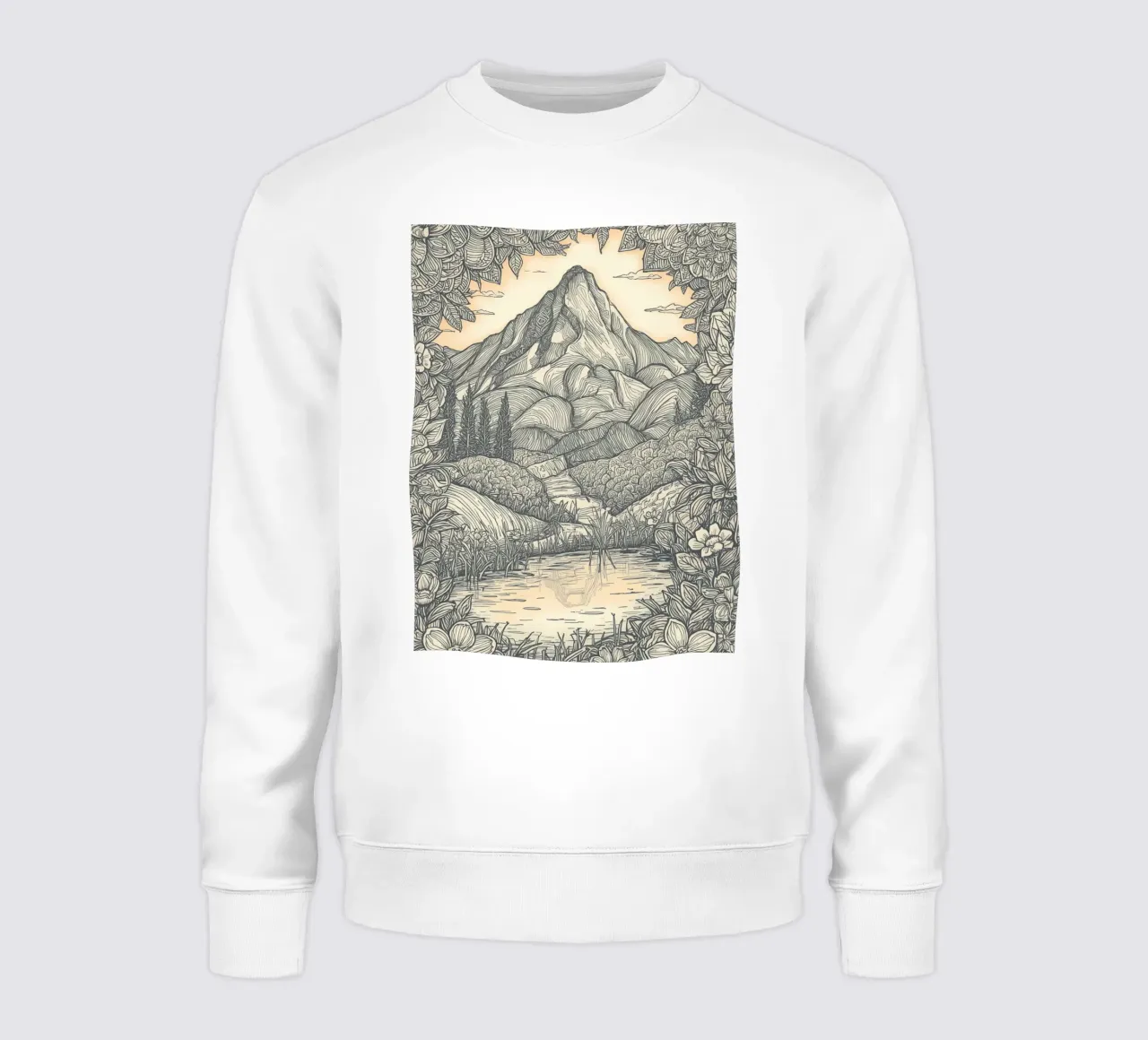Paesaggio montano con laghetto e cornice floreale felpa da DesignDoodle