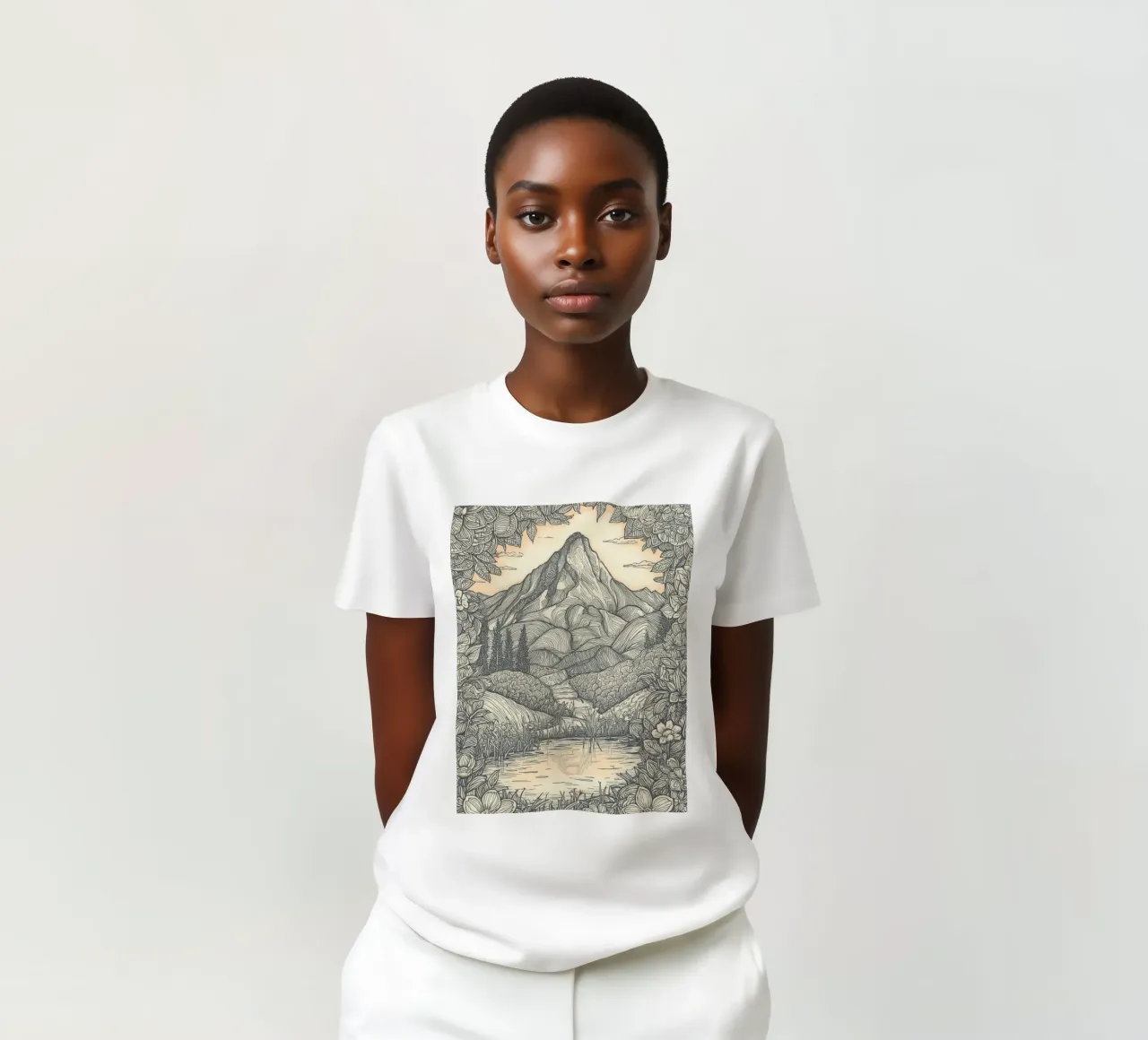 Paesaggio montano con laghetto e cornice floreale t-shirt da DesignDoodle