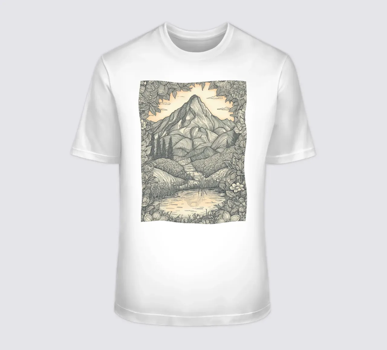 Paesaggio montano con laghetto e cornice floreale t-shirt da DesignDoodle