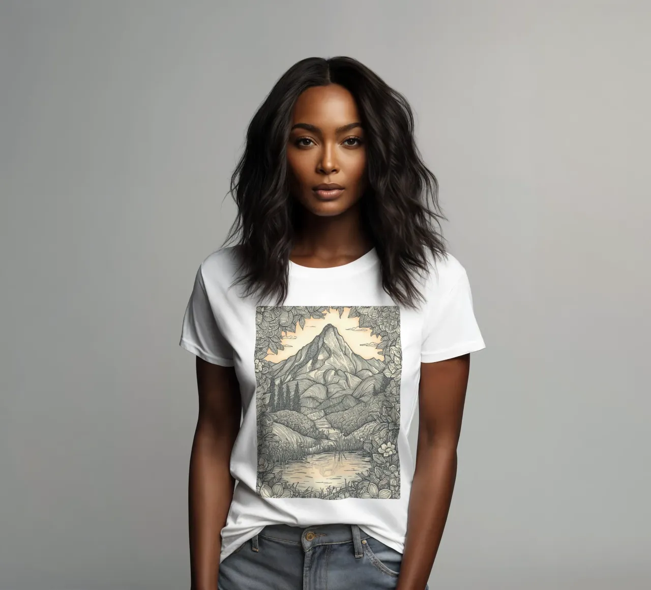 Berglandschap met vijver en bloemenkader dames t-shirt getailleerd van DesignDoodle