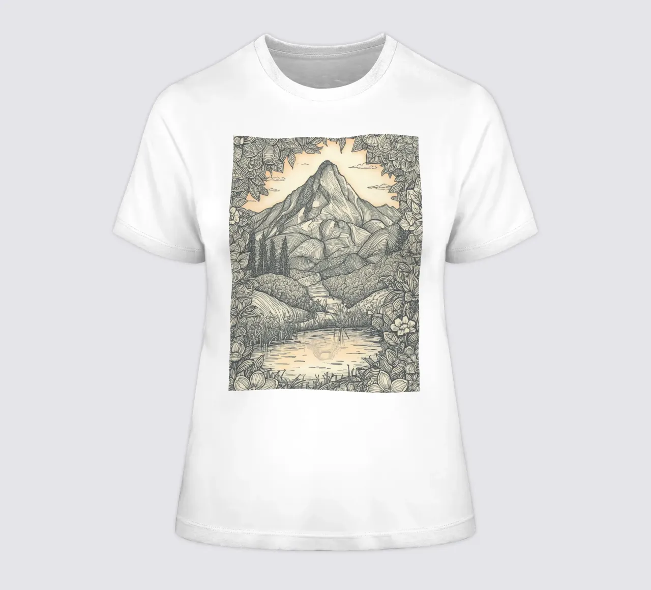 Berglandschap met vijver en bloemenkader dames t-shirt getailleerd van DesignDoodle