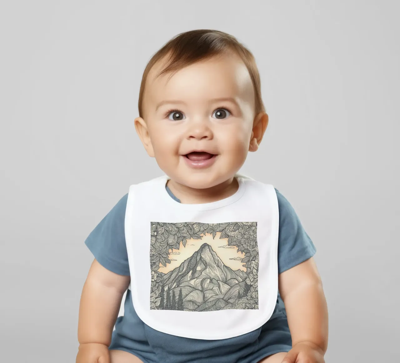 Paesaggio montano con laghetto e cornice floreale bavaglino da DesignDoodle