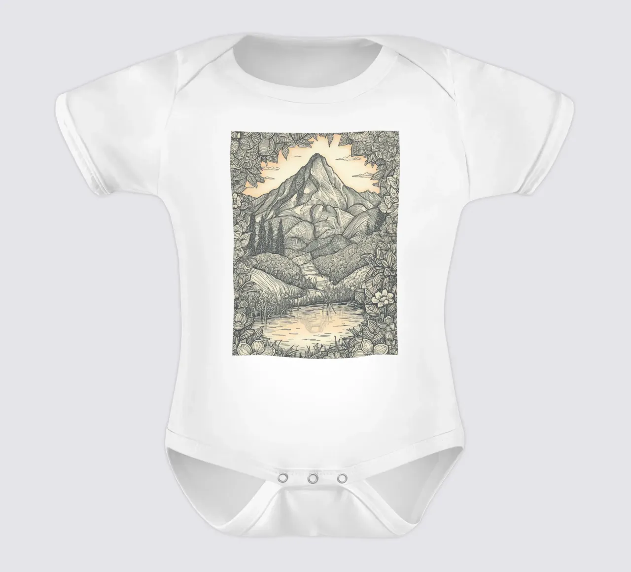Paesaggio montano con laghetto e cornice floreale body neonato maniche corte da DesignDoodle