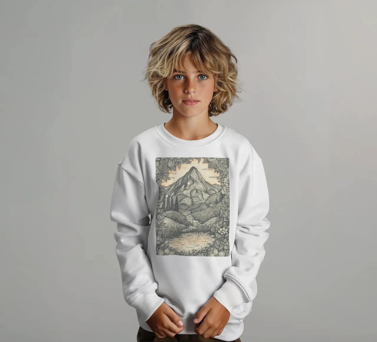 Paesaggio montano con laghetto e cornice floreale felpa bambino da DesignDoodle