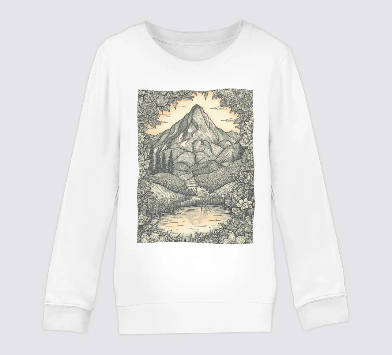 Paesaggio montano con laghetto e cornice floreale felpa bambino da DesignDoodle