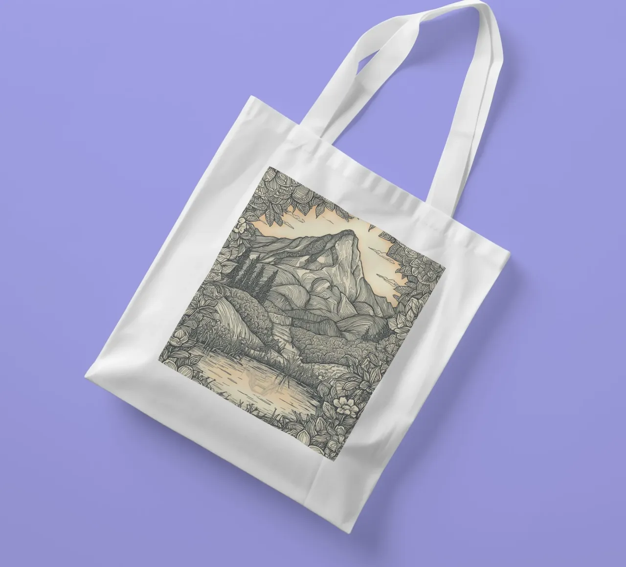 Berglandschap met vijver en bloemenkader jute draagtas van DesignDoodle