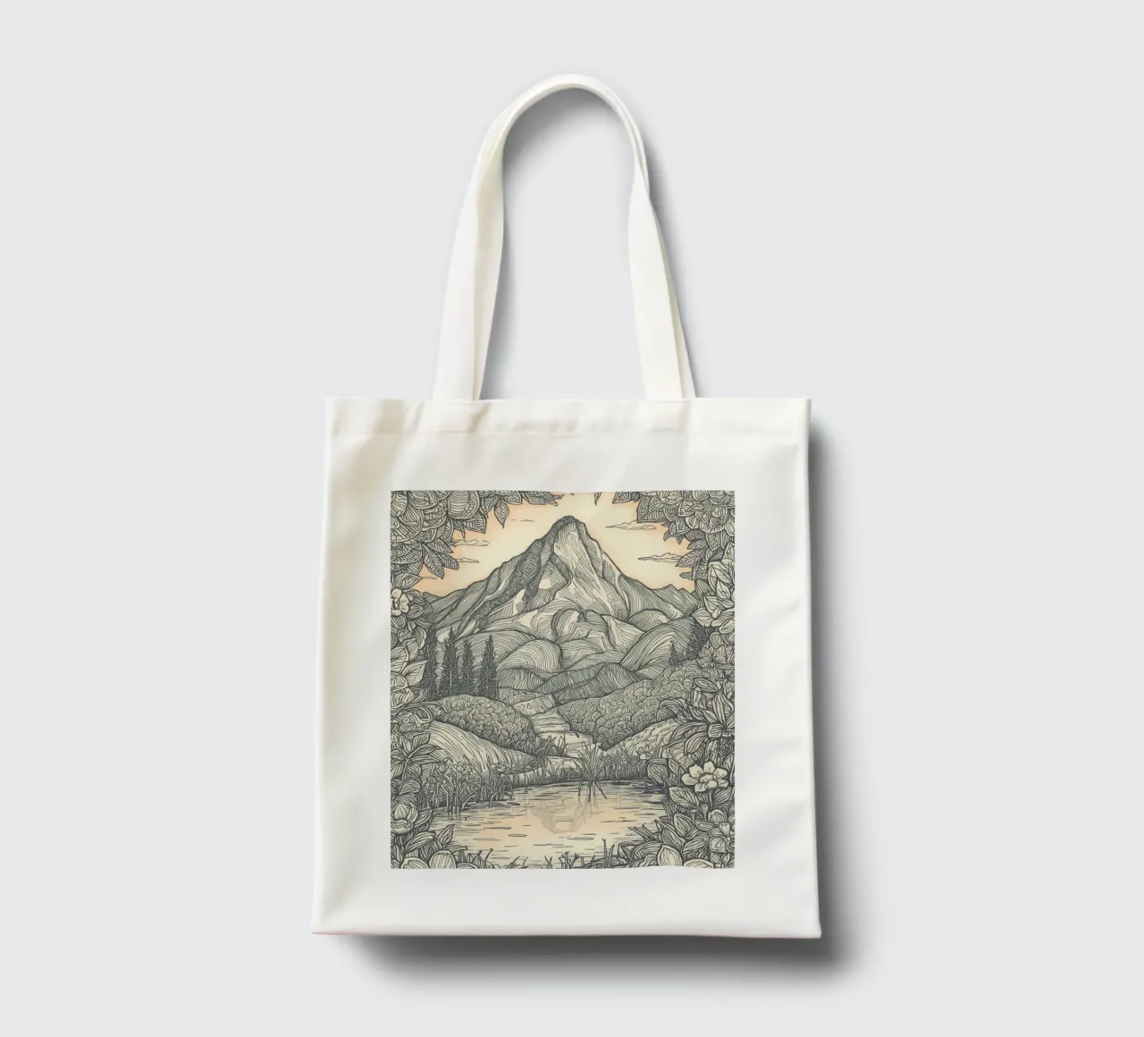 Berglandschap met vijver en bloemenkader jute draagtas van DesignDoodle