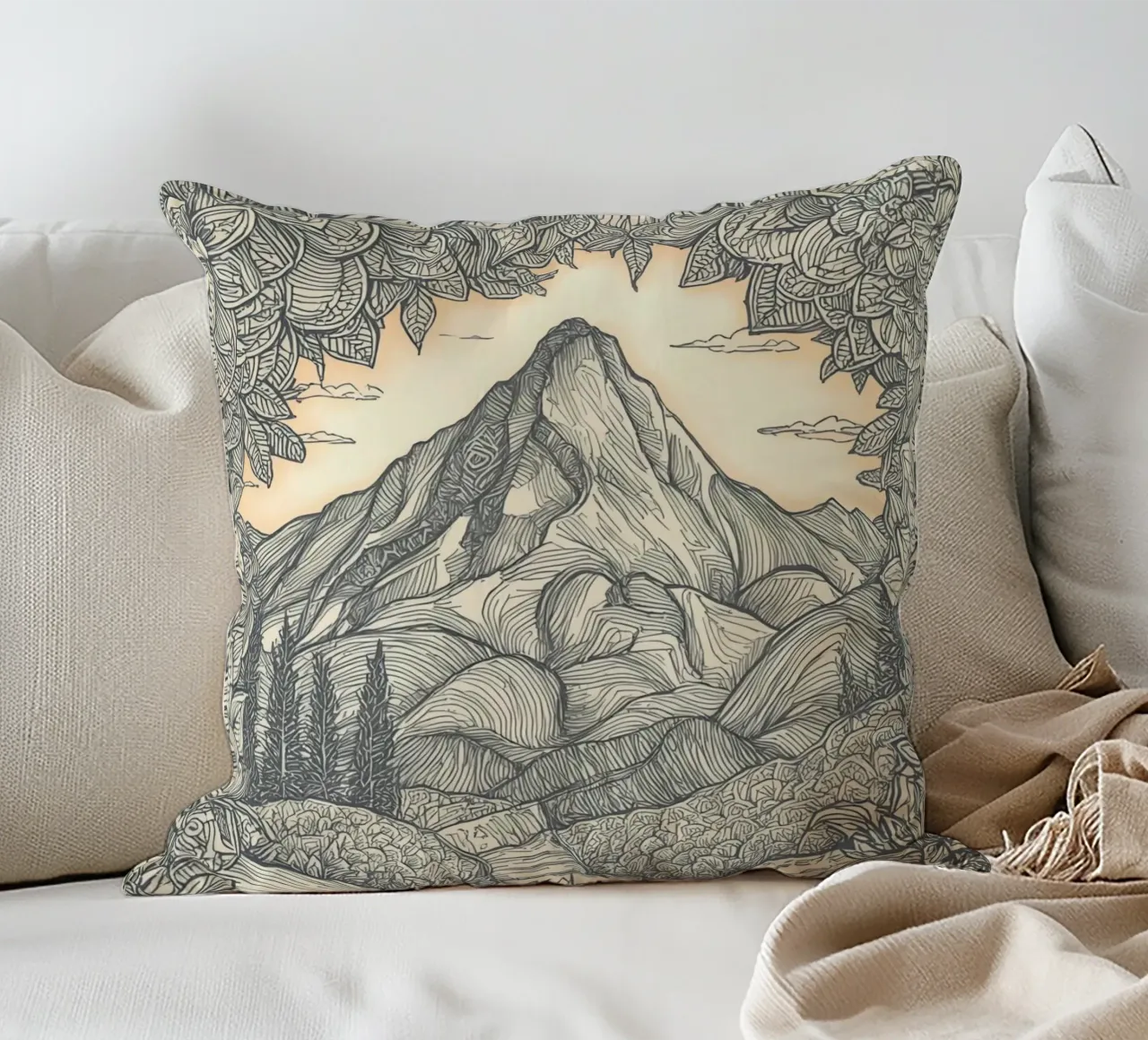 Berglandschaft mit Teich und floralem Rahmen Kissen von DesignDoodle