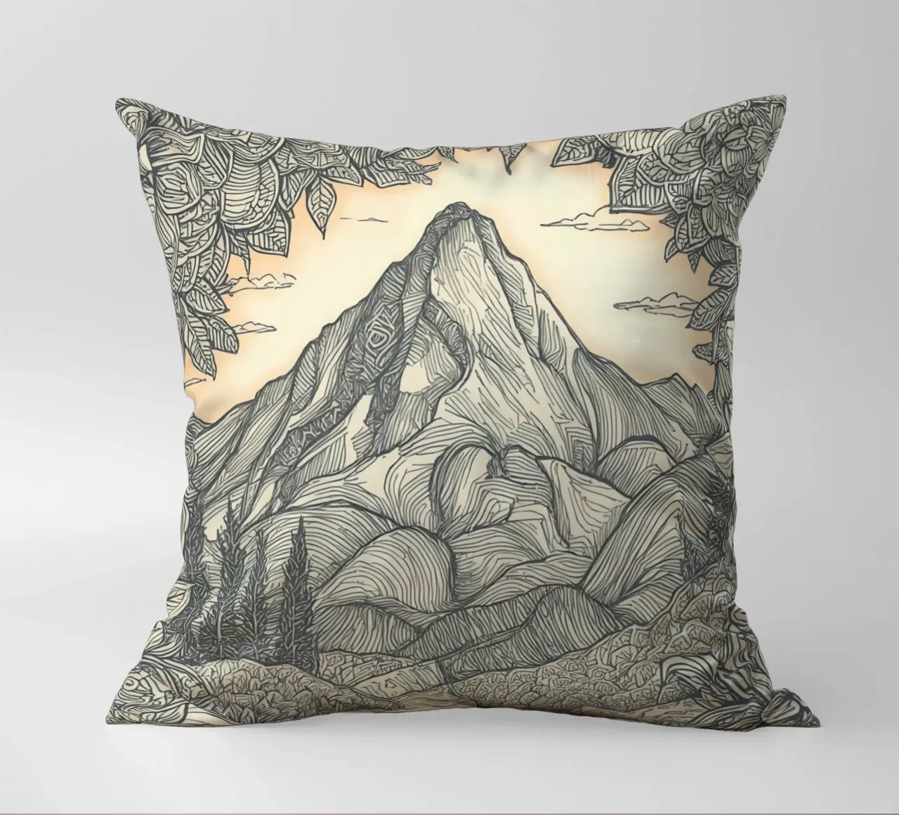 Berglandschaft mit Teich und floralem Rahmen Kissen von DesignDoodle