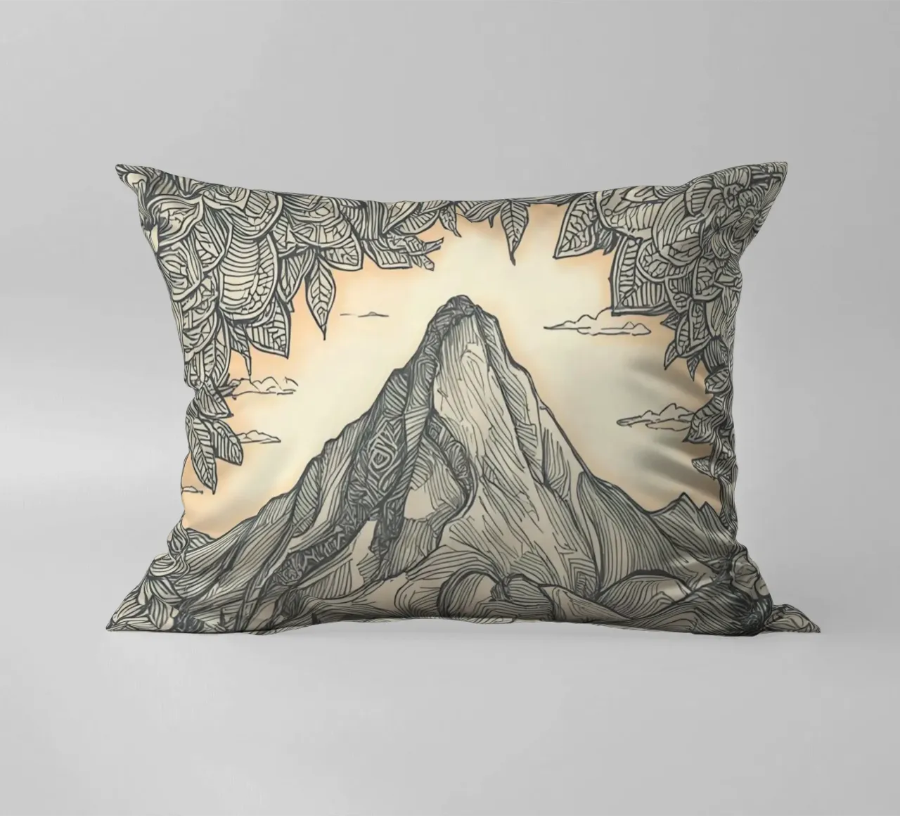 Berglandschaft mit Teich und floralem Rahmen Kissen von DesignDoodle