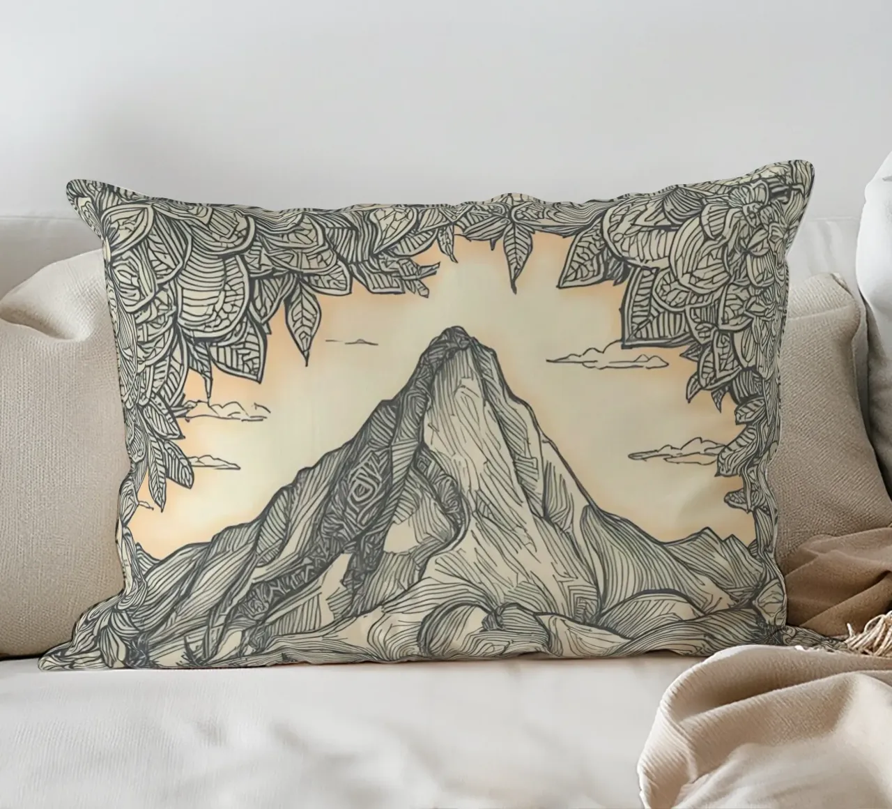 Paesaggio montano con laghetto e cornice floreale cuscino da DesignDoodle