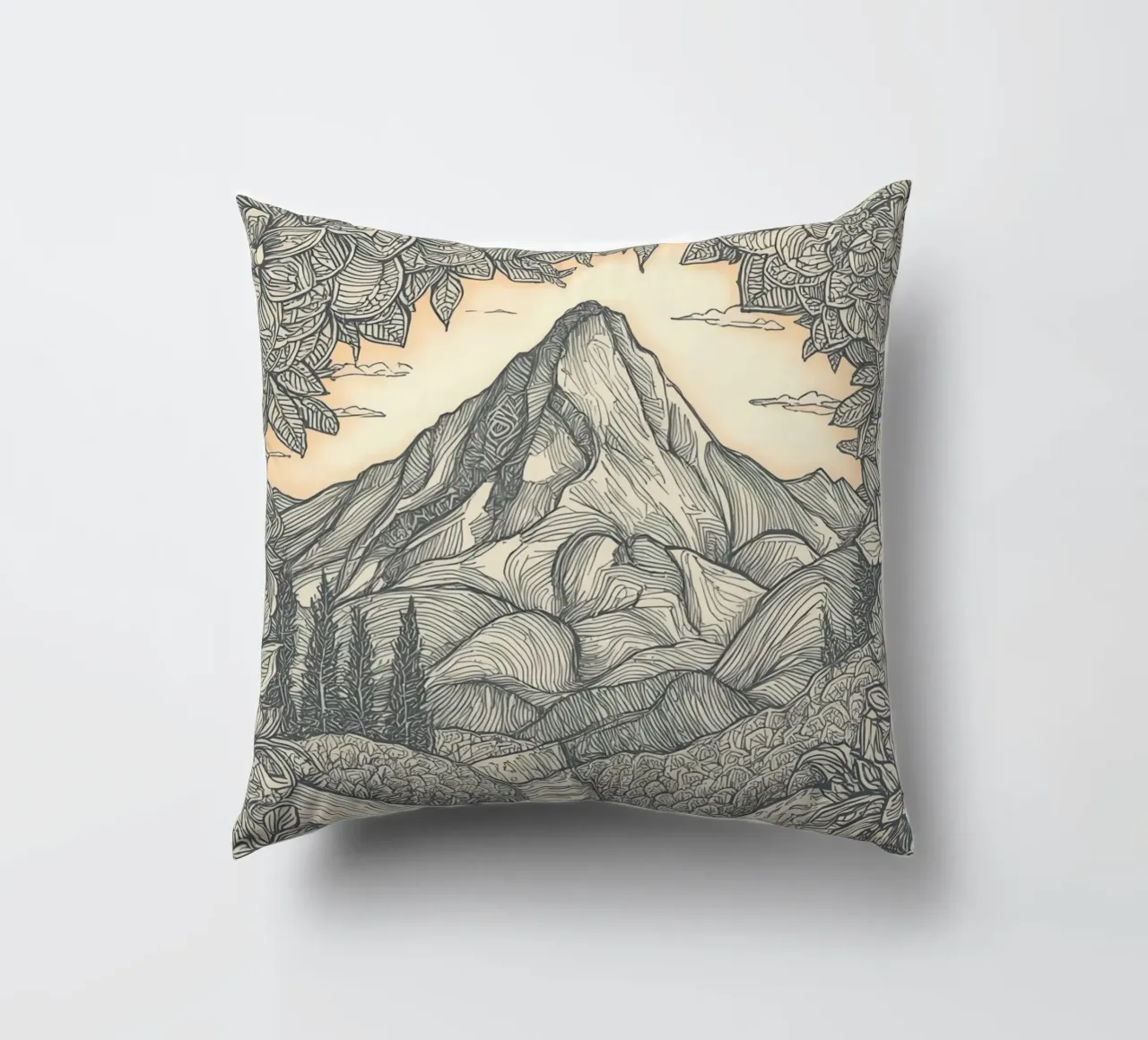 Berglandschaft mit Teich und floralem Rahmen Kissen von DesignDoodle