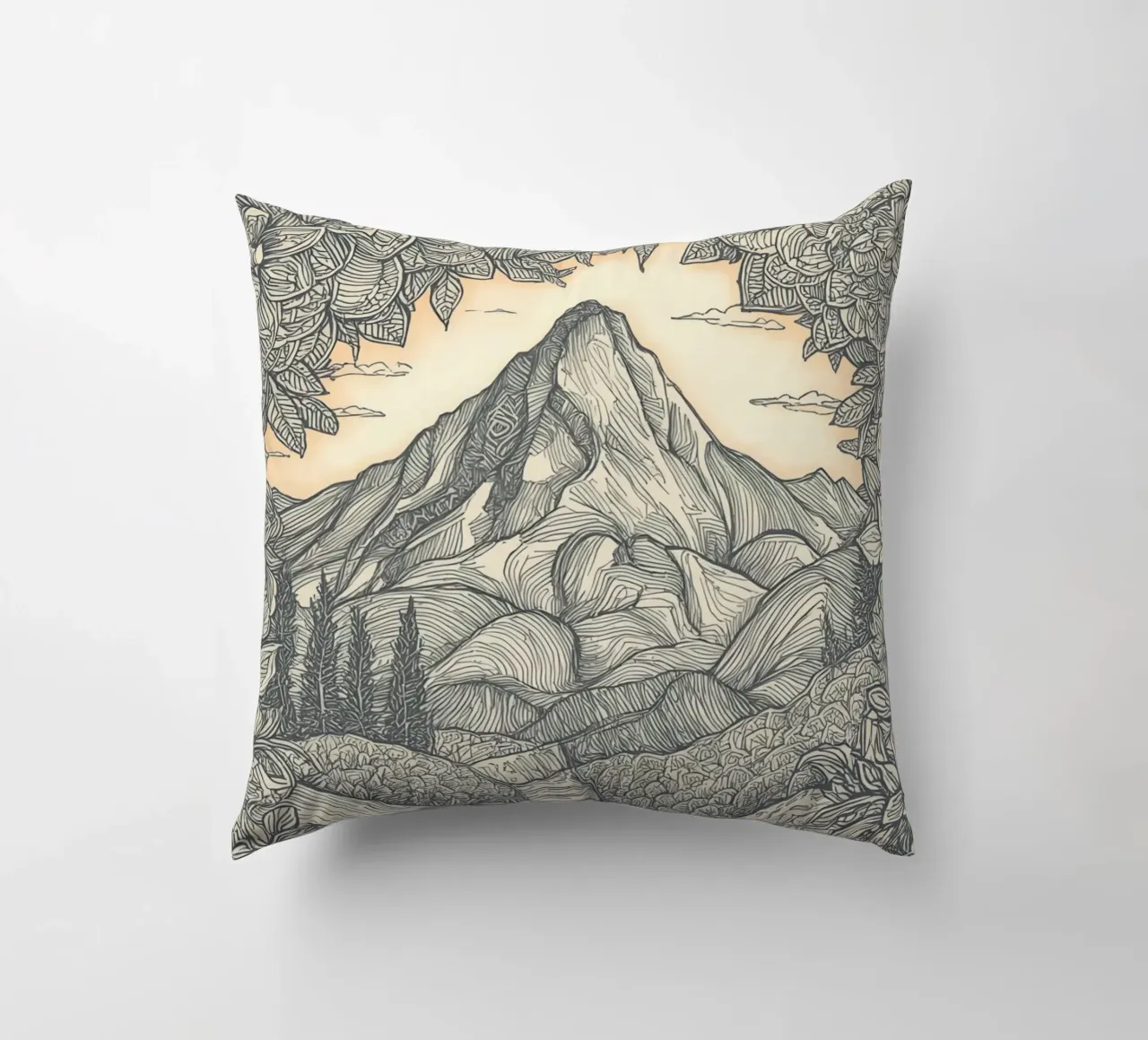 Berglandschaft mit Teich und floralem Rahmen Kissen von DesignDoodle