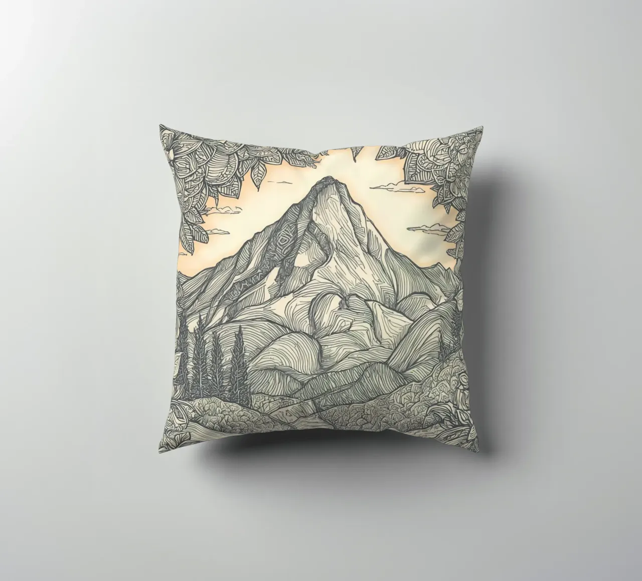 Berglandschaft mit Teich und floralem Rahmen Kissen von DesignDoodle