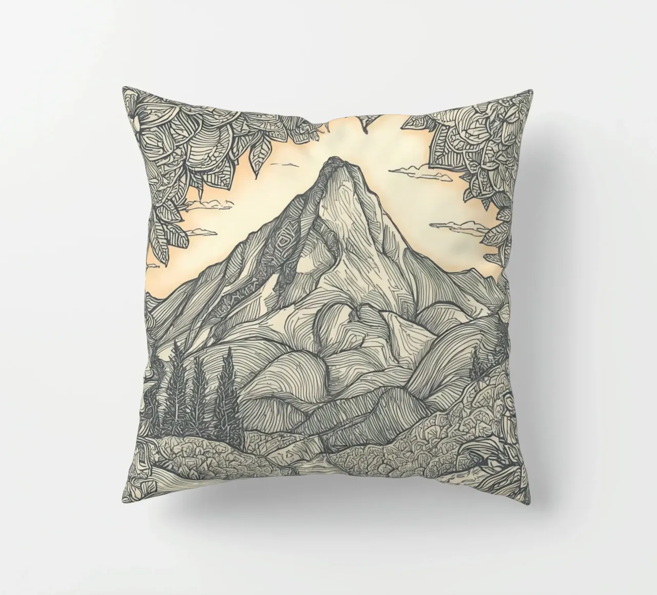 Berglandschaft mit Teich und floralem Rahmen Kissen von DesignDoodle