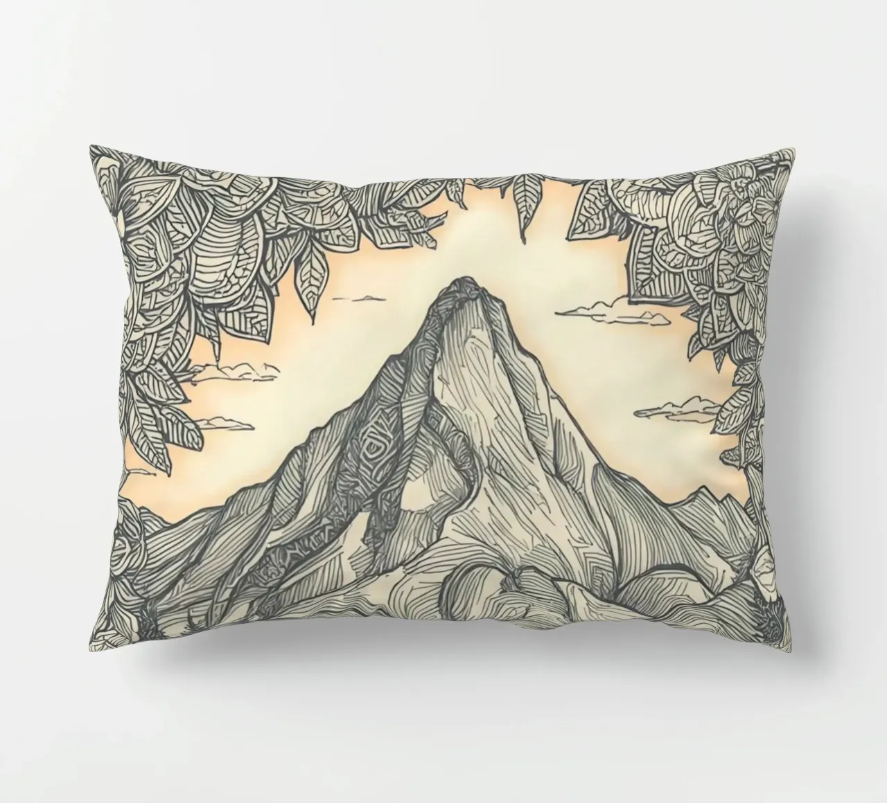 Berglandschaft mit Teich und floralem Rahmen Kissen von DesignDoodle