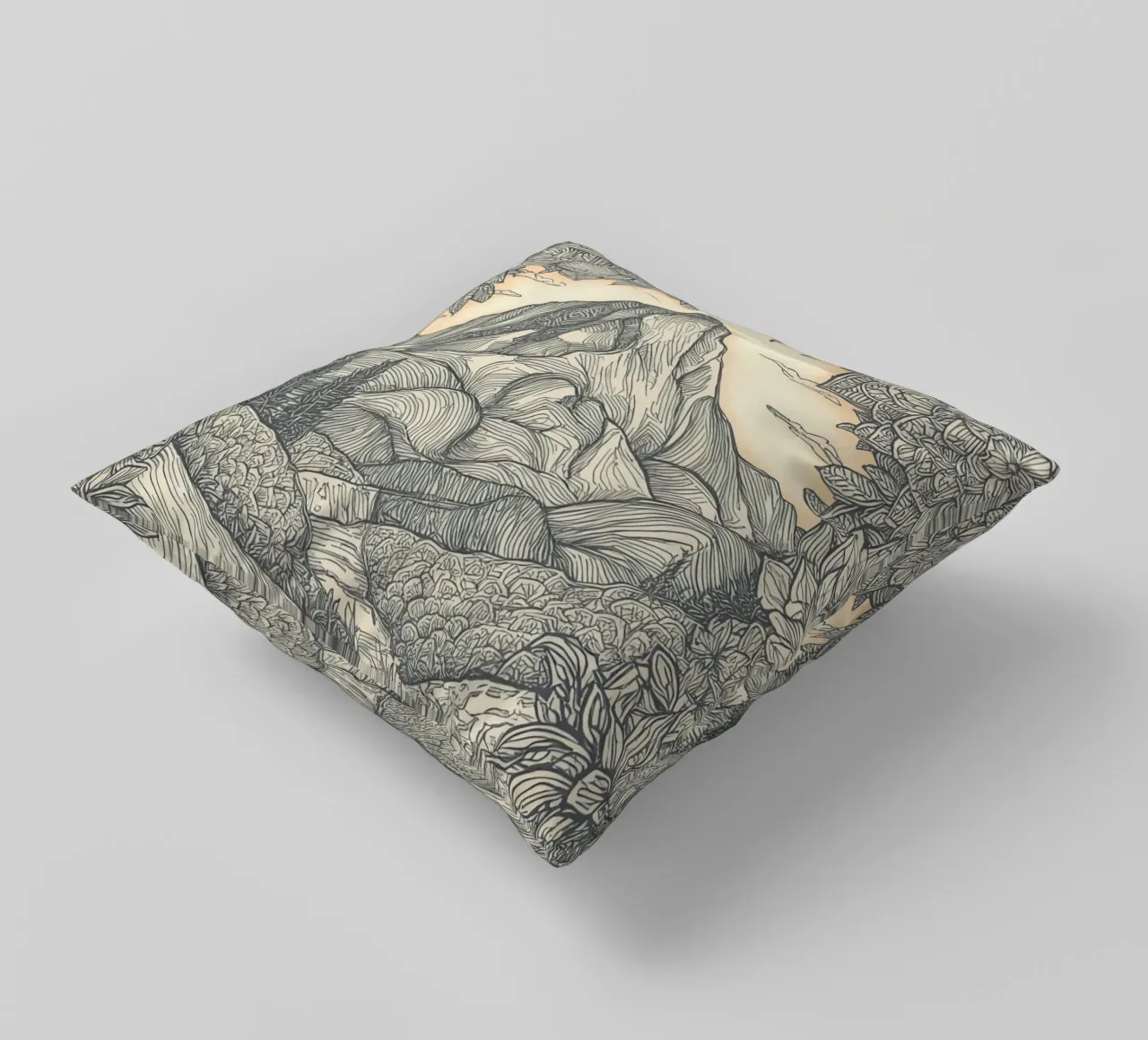 Berglandschaft mit Teich und floralem Rahmen Kissen von DesignDoodle