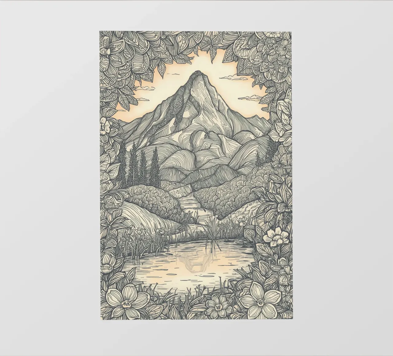 Paesaggio montano con laghetto e cornice floreale pellicola backlit da DesignDoodle