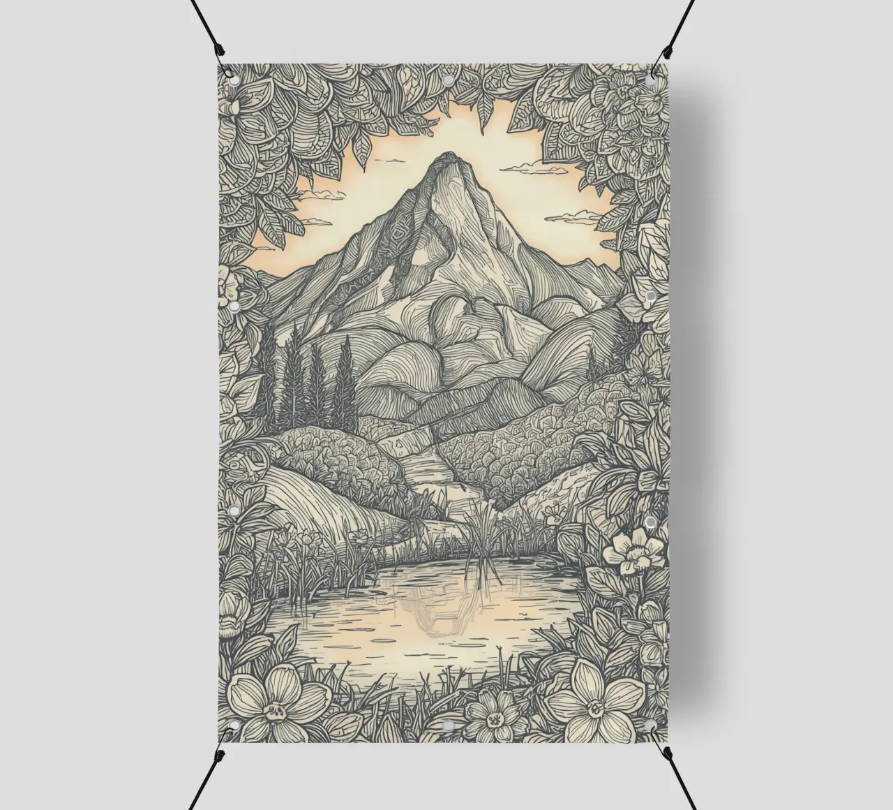 Paesaggio montano con laghetto e cornice floreale telo in pvc da DesignDoodle