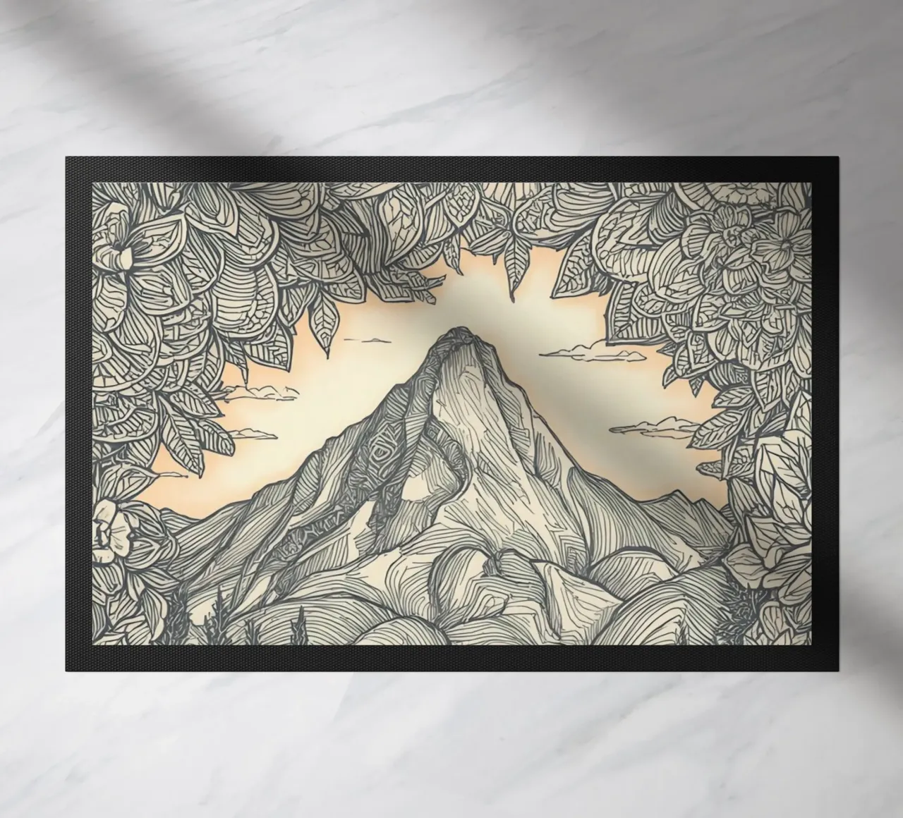 Berglandschaft mit Teich und floralem Rahmen Fußmatte von DesignDoodle