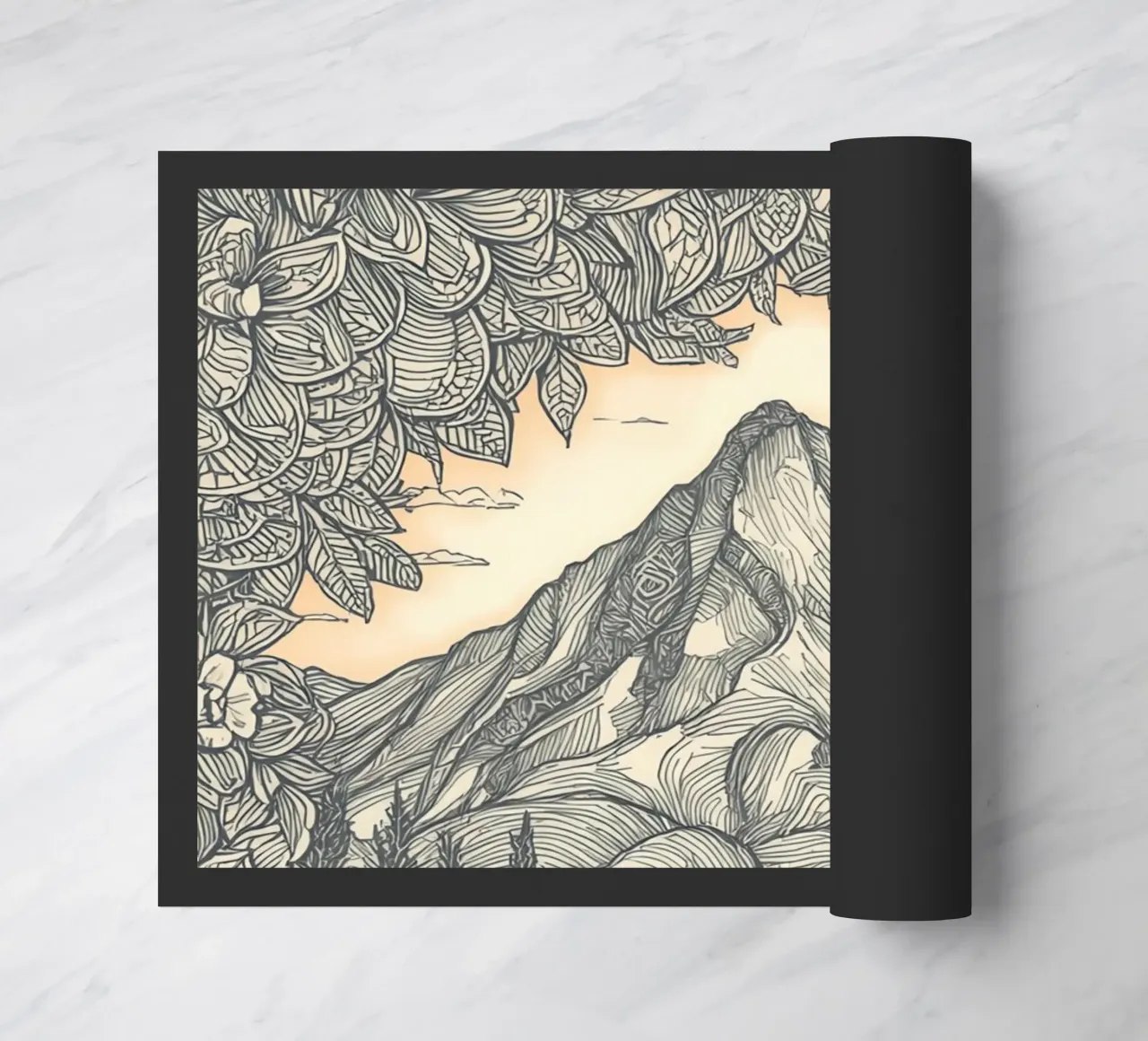 Berglandschaft mit Teich und floralem Rahmen Fußmatte von DesignDoodle
