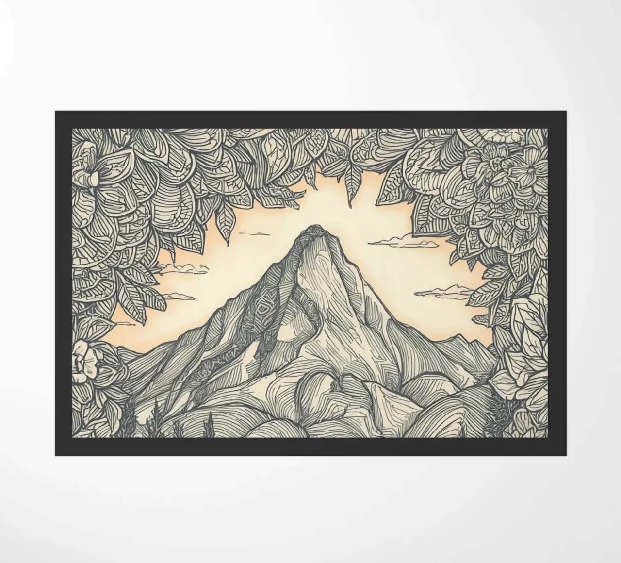 Berglandschaft mit Teich und floralem Rahmen Fußmatte von DesignDoodle