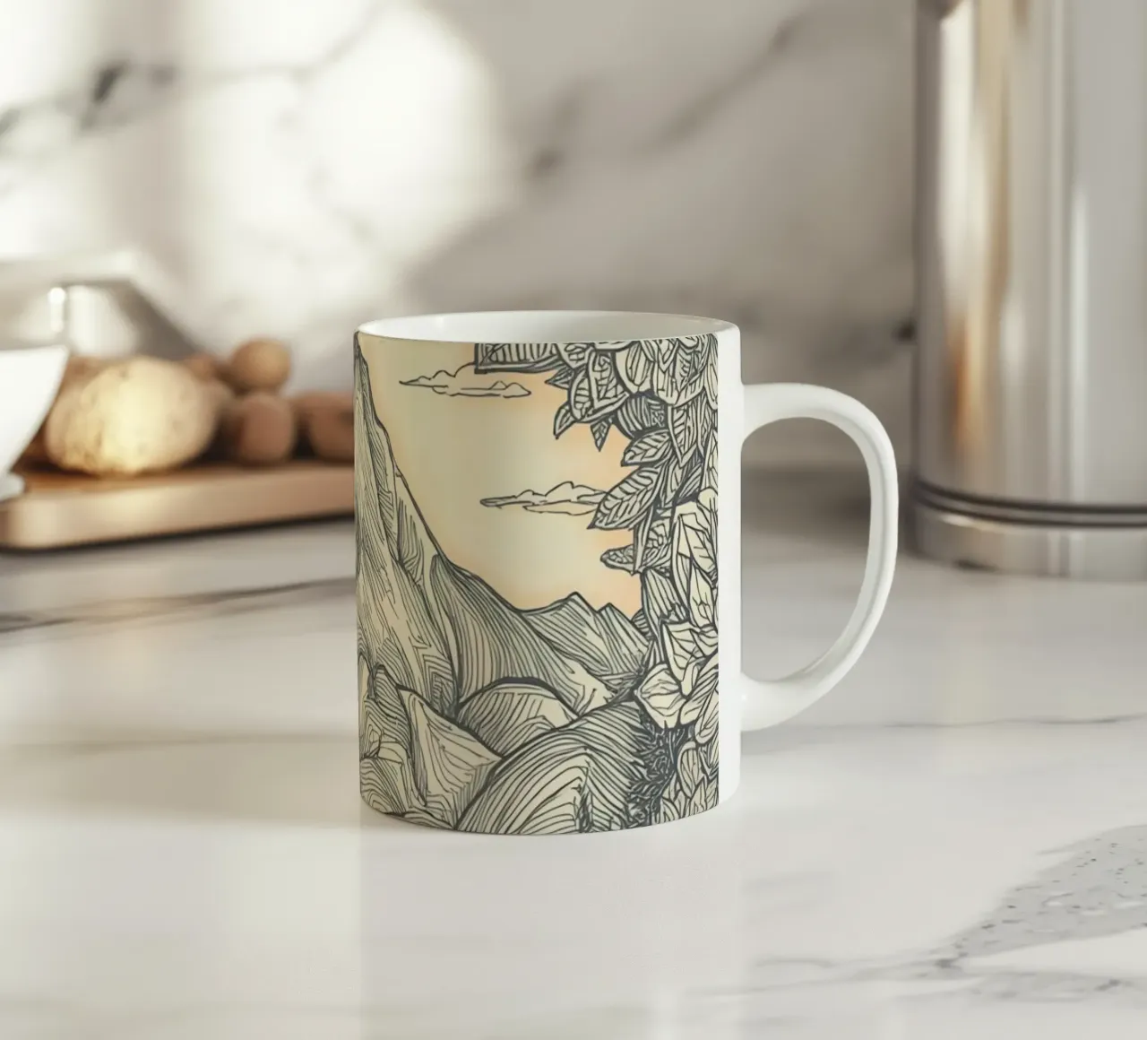 Paesaggio montano con laghetto e cornice floreale tazza in ceramica da DesignDoodle