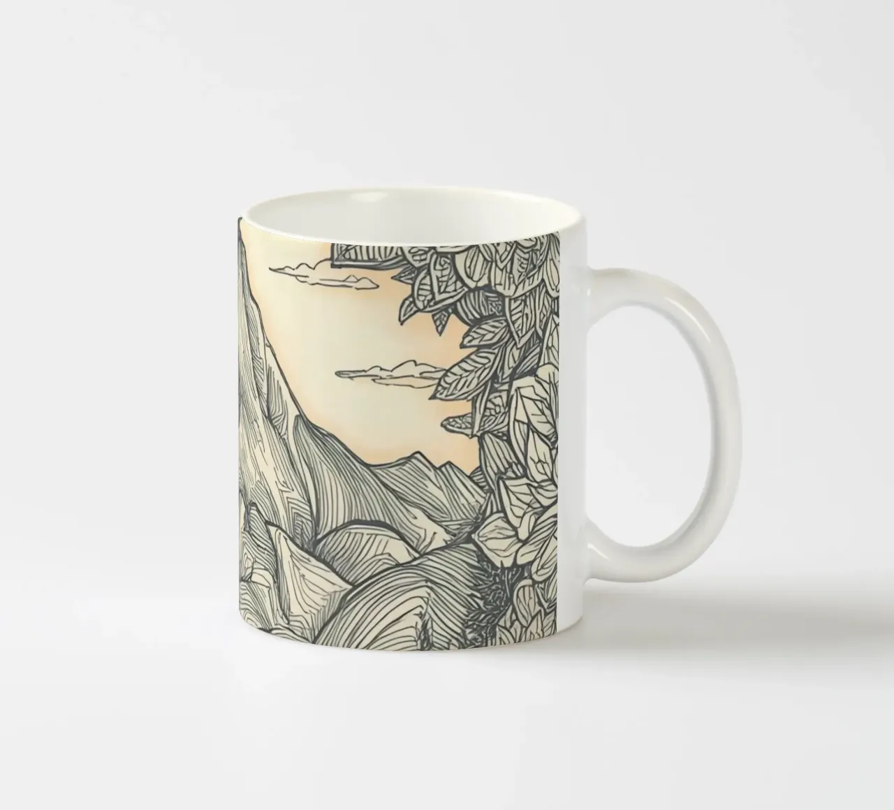 Paesaggio montano con laghetto e cornice floreale tazza in ceramica da DesignDoodle