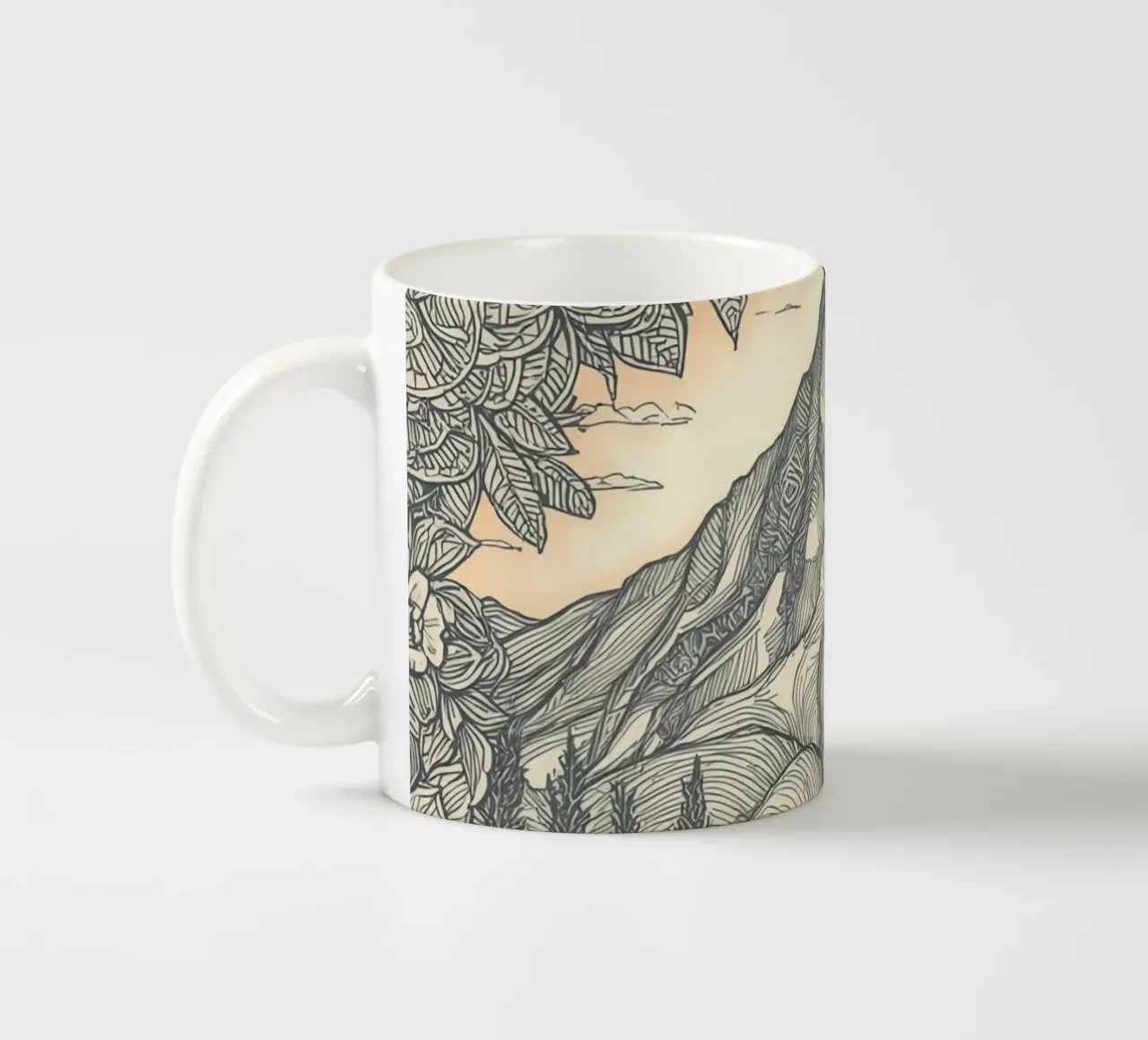 Paesaggio montano con laghetto e cornice floreale tazza in ceramica da DesignDoodle