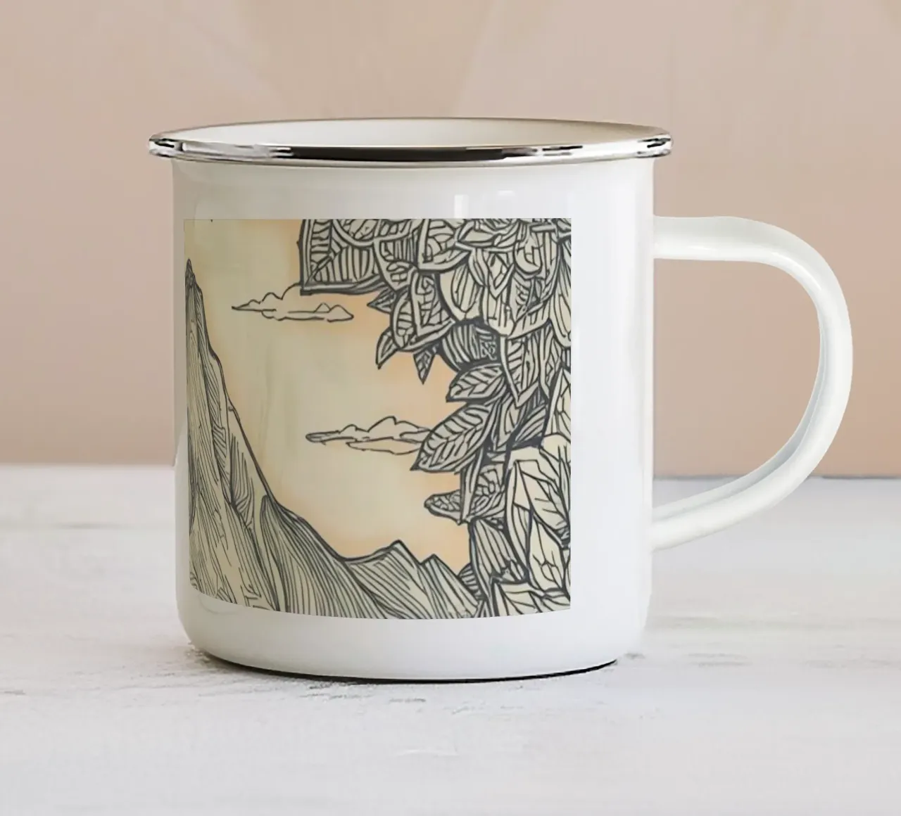 Paesaggio montano con laghetto e cornice floreale tazza in smalto da DesignDoodle