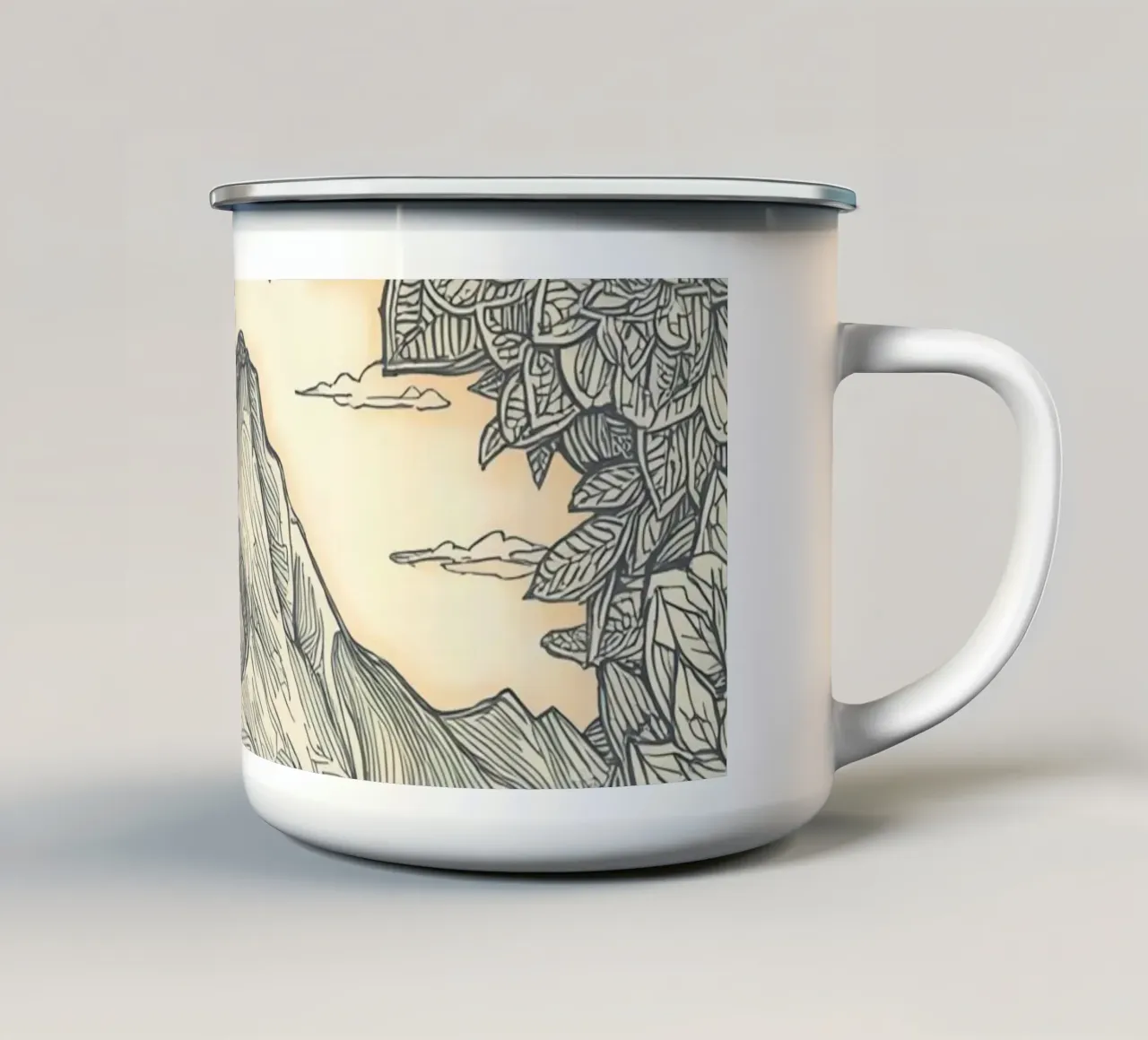 Paesaggio montano con laghetto e cornice floreale tazza in smalto da DesignDoodle