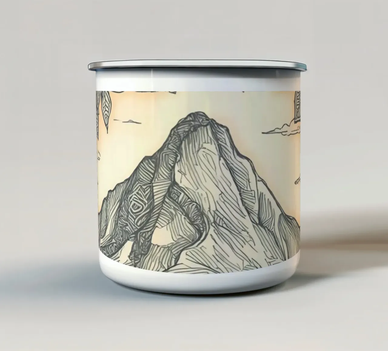 Paesaggio montano con laghetto e cornice floreale tazza in smalto da DesignDoodle