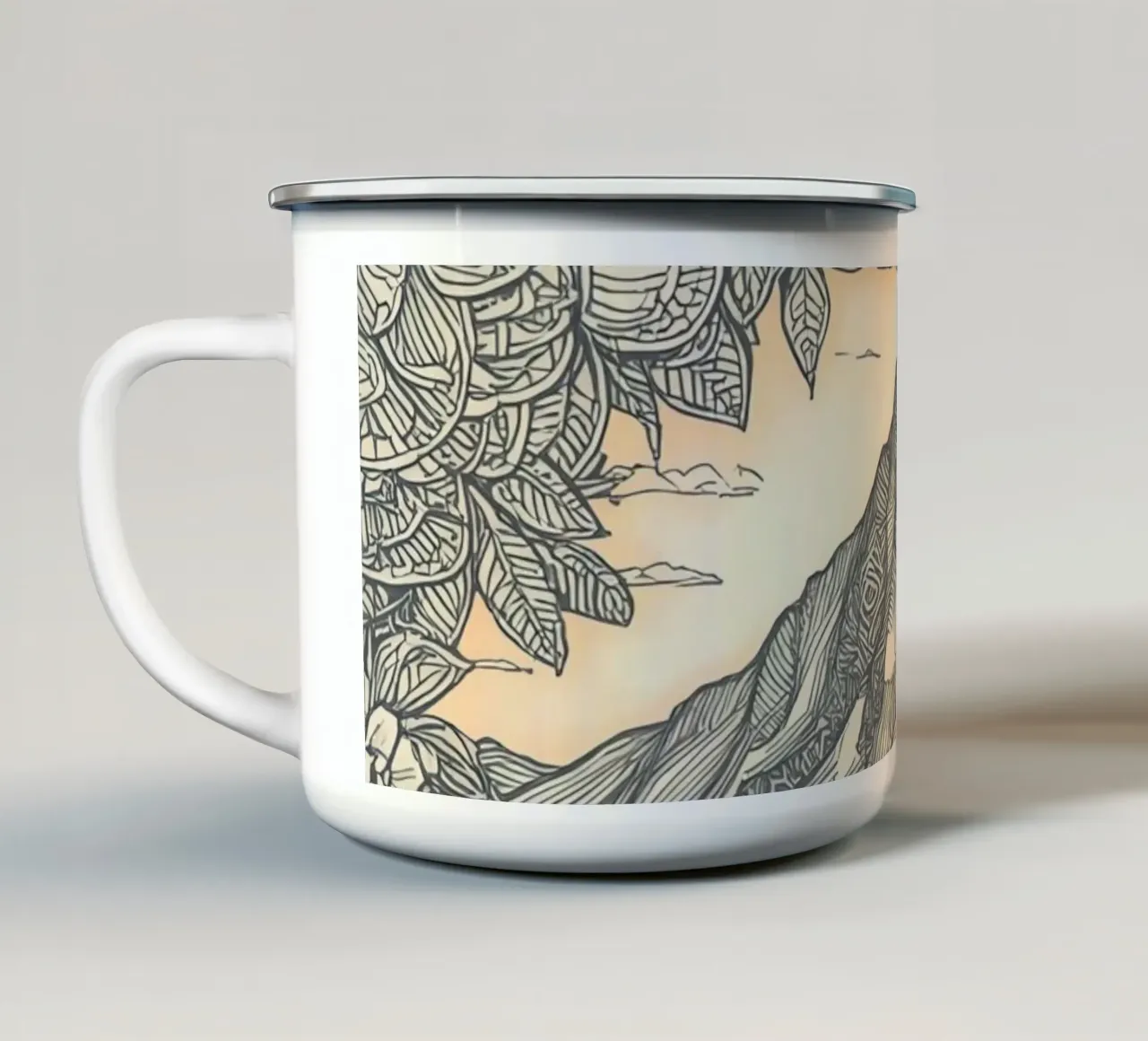 Paesaggio montano con laghetto e cornice floreale tazza in smalto da DesignDoodle