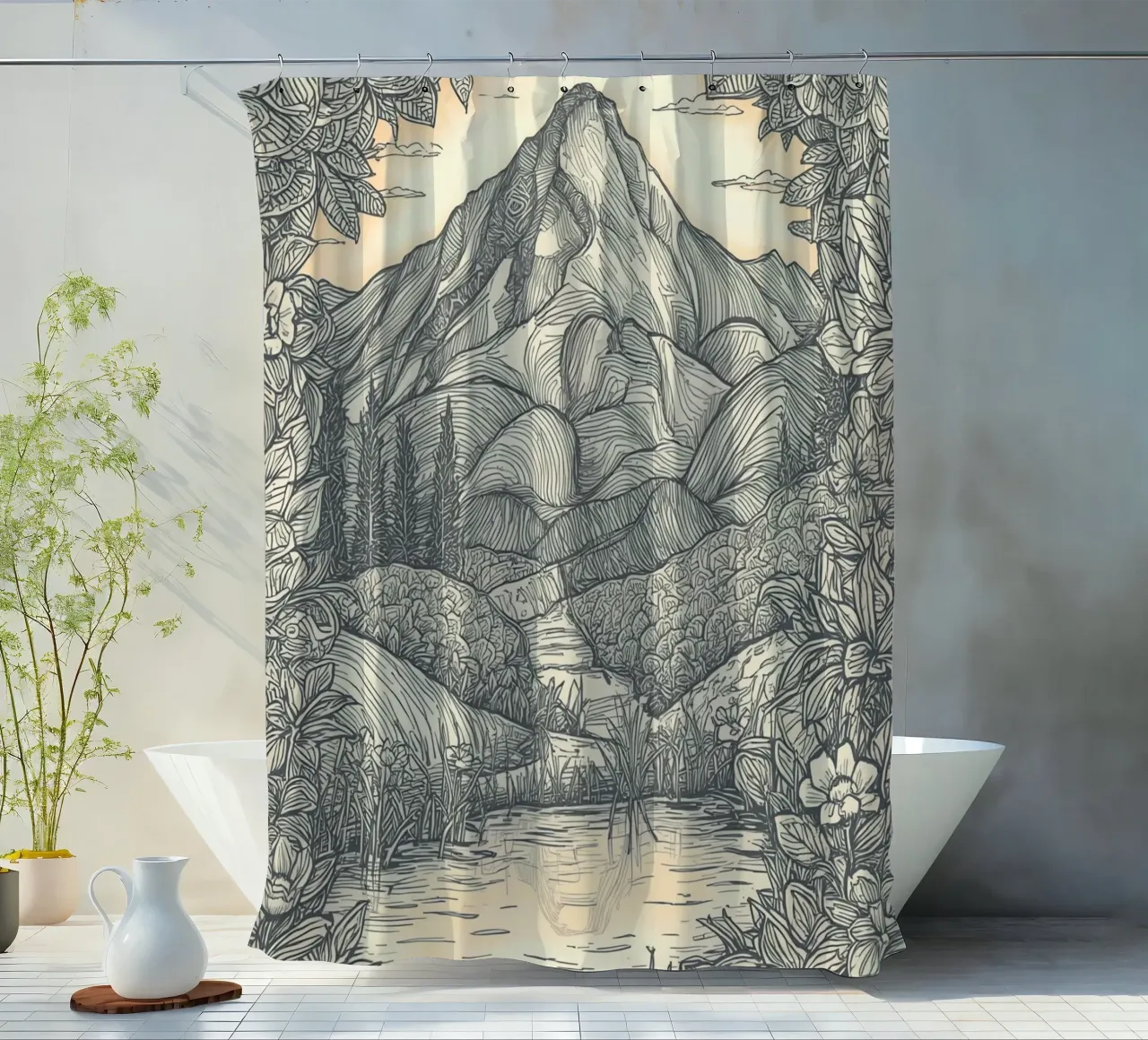Berglandschap met vijver en bloemenkader douchegordijn van DesignDoodle