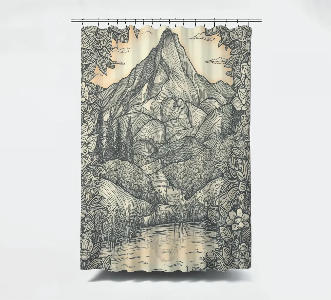 Berglandschap met vijver en bloemenkader douchegordijn van DesignDoodle