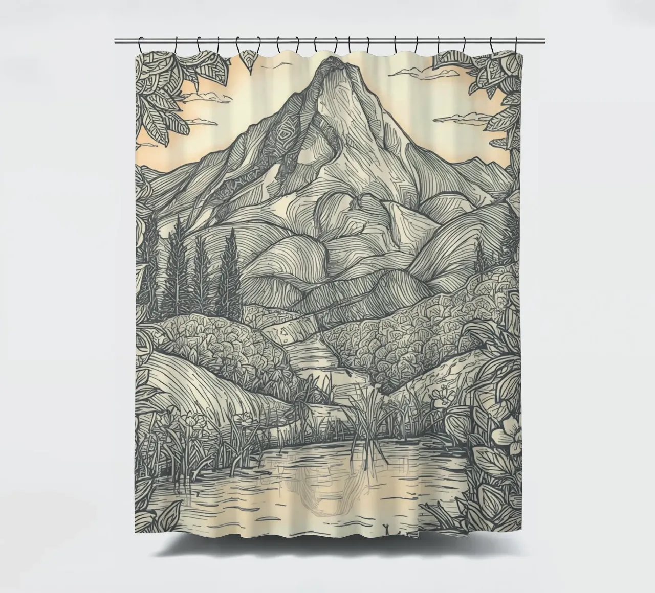 Berglandschap met vijver en bloemenkader douchegordijn van DesignDoodle
