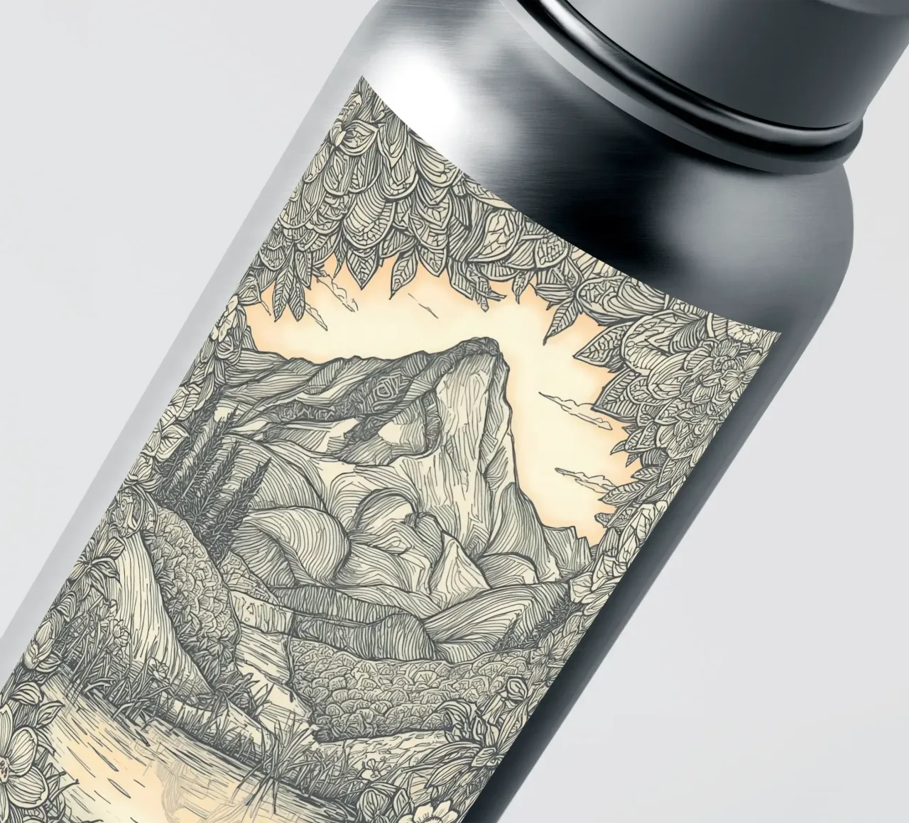 Berglandschap met vijver en bloemenkader sticker van DesignDoodle