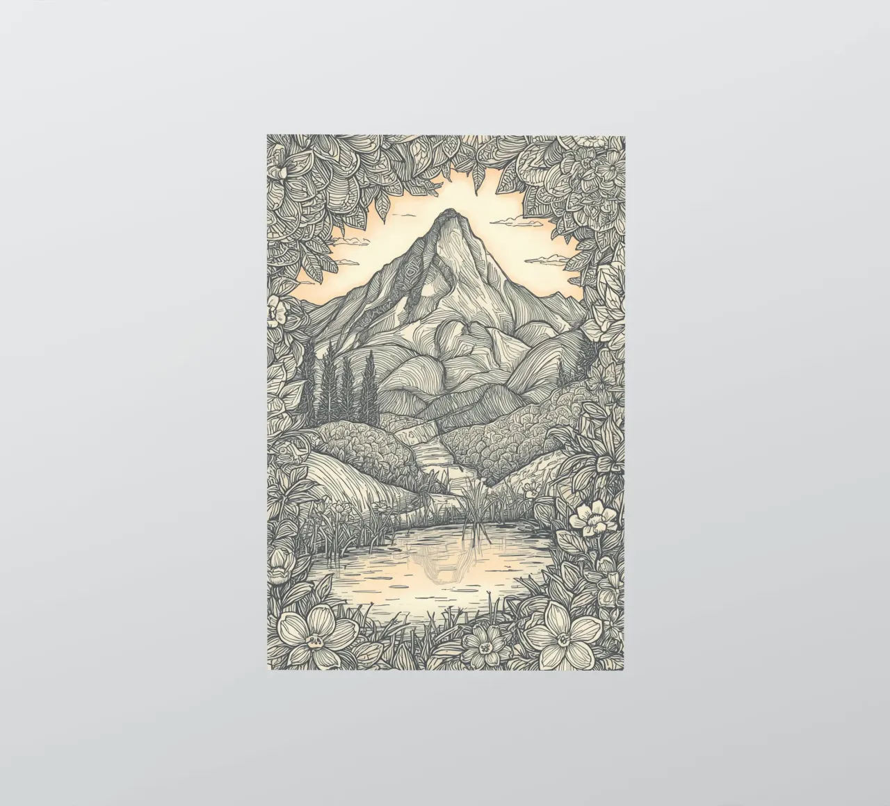 Berglandschap met vijver en bloemenkader sticker van DesignDoodle