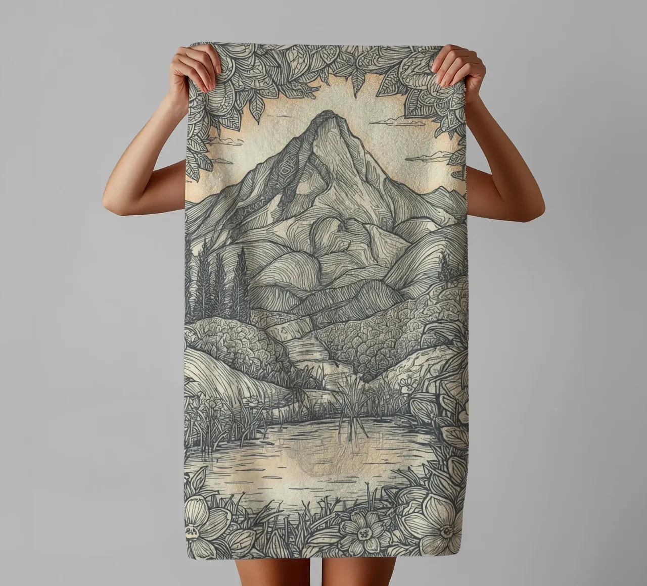 Paesaggio montano con laghetto e cornice floreale asciugamano da bagno da DesignDoodle