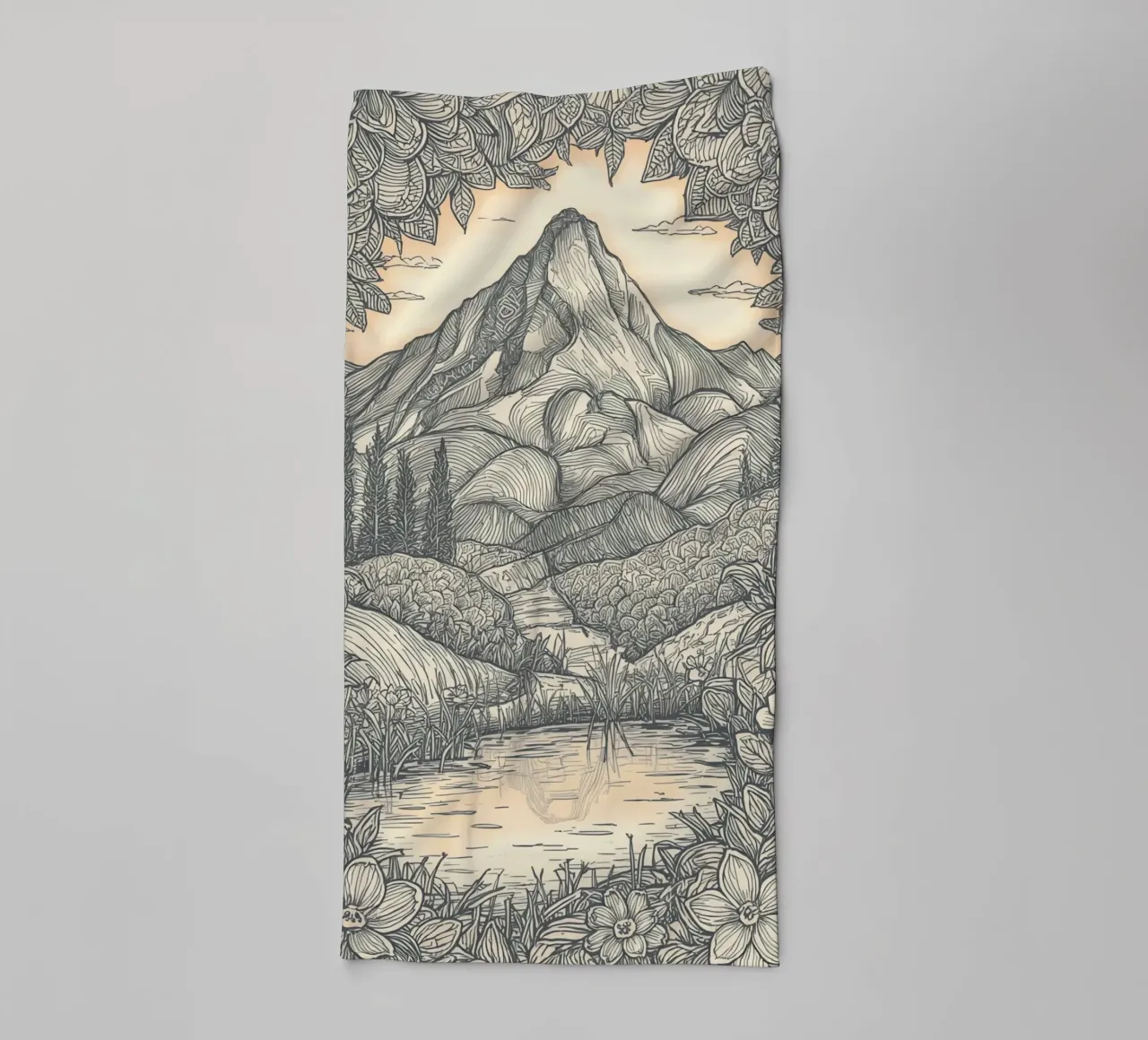 Paesaggio montano con laghetto e cornice floreale asciugamano da bagno da DesignDoodle