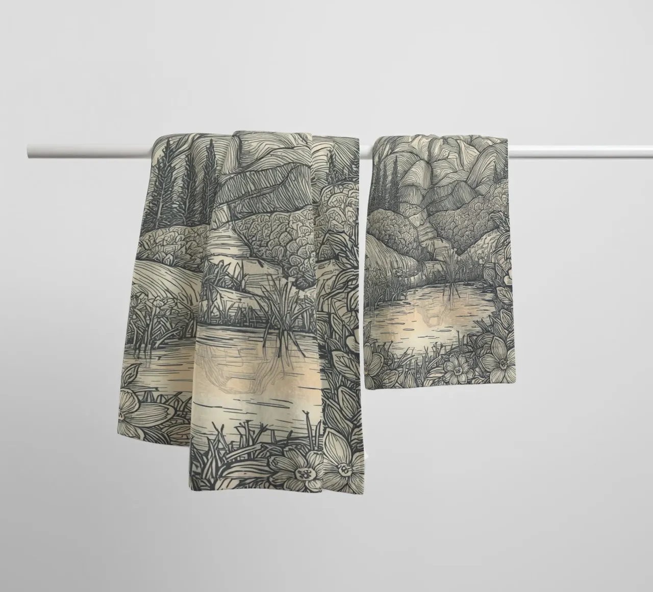Paesaggio montano con laghetto e cornice floreale asciugamano da bagno da DesignDoodle