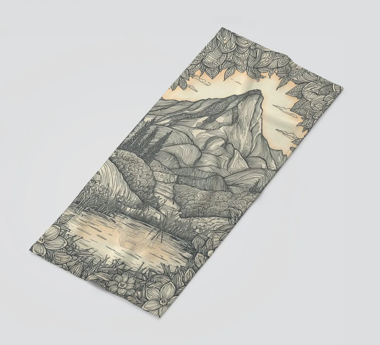 Paesaggio montano con laghetto e cornice floreale telo mare da DesignDoodle