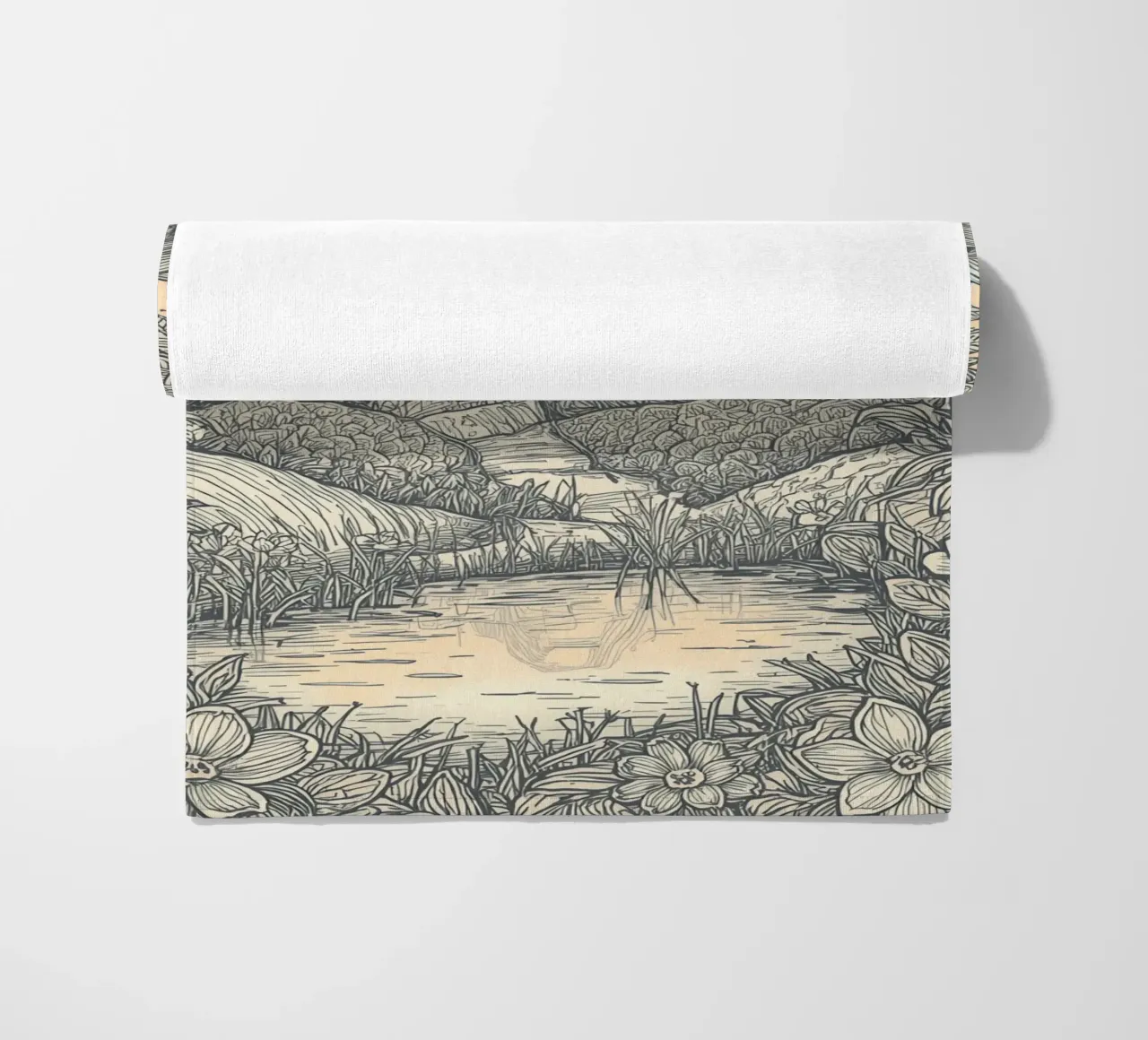 Paesaggio montano con laghetto e cornice floreale telo mare da DesignDoodle