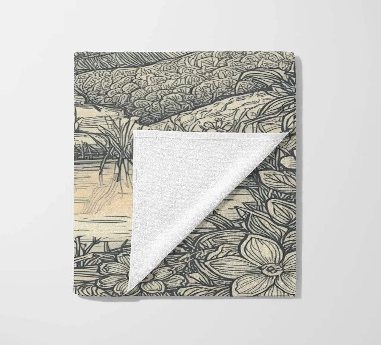 Paesaggio montano con laghetto e cornice floreale telo mare da DesignDoodle